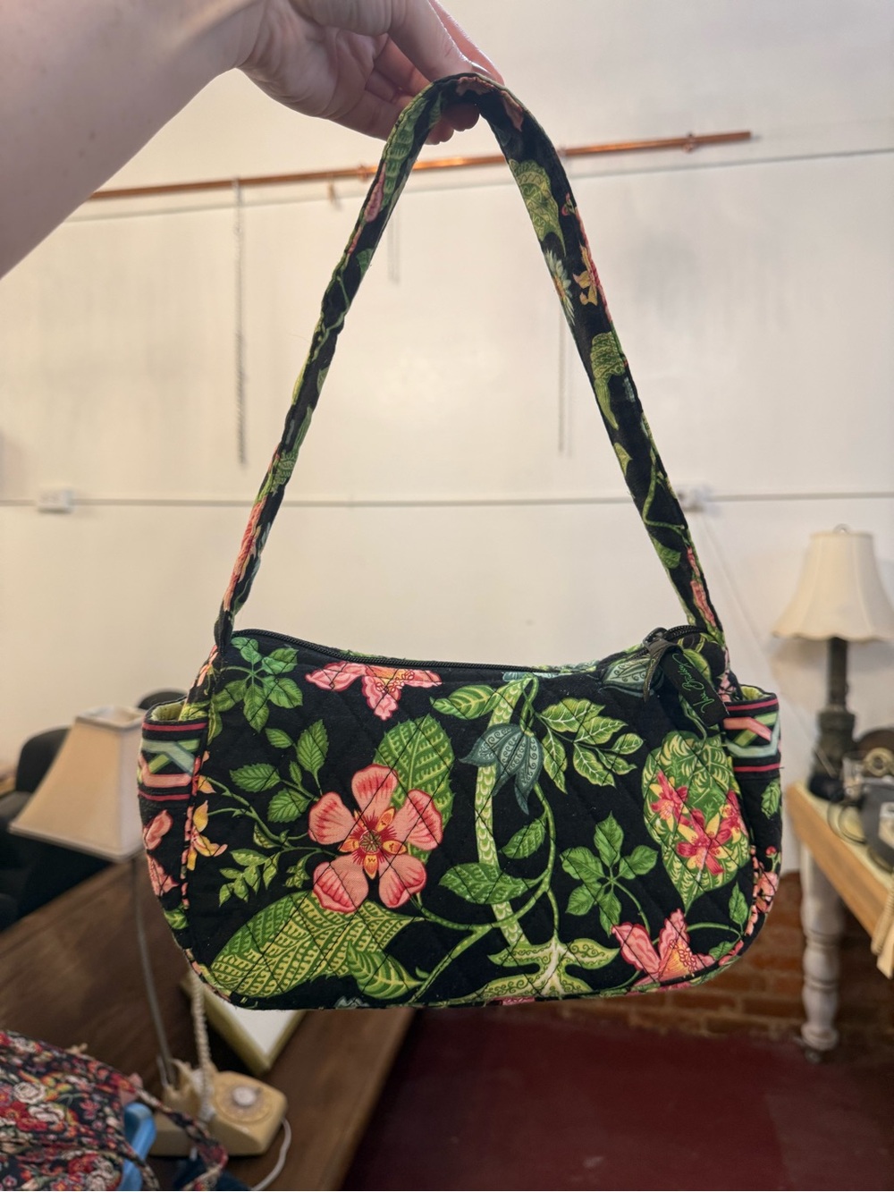 Vera Bradley Black Floral Quilted Mini Shoulder Bag with Pink and Green Flowers